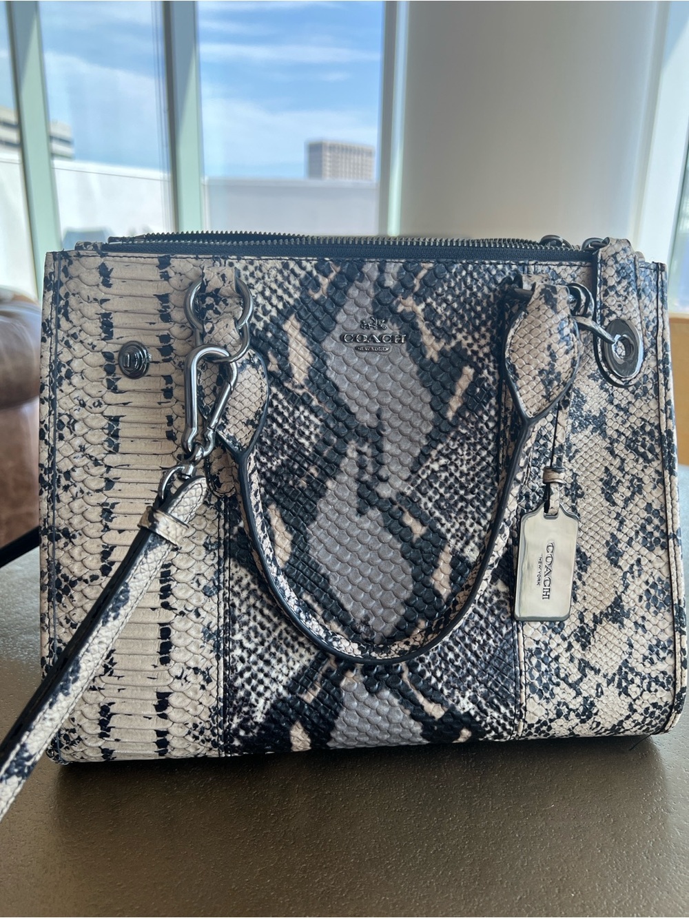 Coach Snake-Print Leather Satchel in Black and Cream